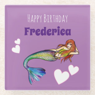 Happy Birthday Girl Rainbow Mermaid Illustratie Glazen Onderzetter