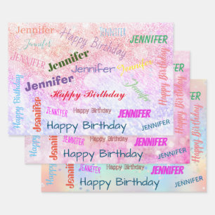 Happy Birthday Girly Custom Name roze Inpakpapier Vel