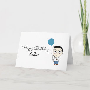 Happy Birthday Glasses Boy Cartoon Cute Blue Kaart