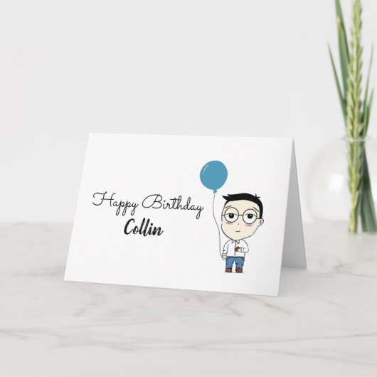Happy Birthday Glasses Boy Cartoon Schattige Blauw Kaart (Voorkant)