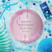 Happy Birthday Glitter Druppelt Roze Metallic Papieren Bordje (Feest)