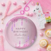 Happy Birthday Glitter Druppelt Roze Metallic Papieren Bordje (Feest)