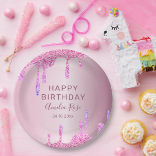 Happy Birthday Glitter Druppelt Roze Metallic Papieren Bordje
