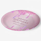 Happy Birthday Glitter Druppelt Roze Metallic Papieren Bordje (Gekanteld)