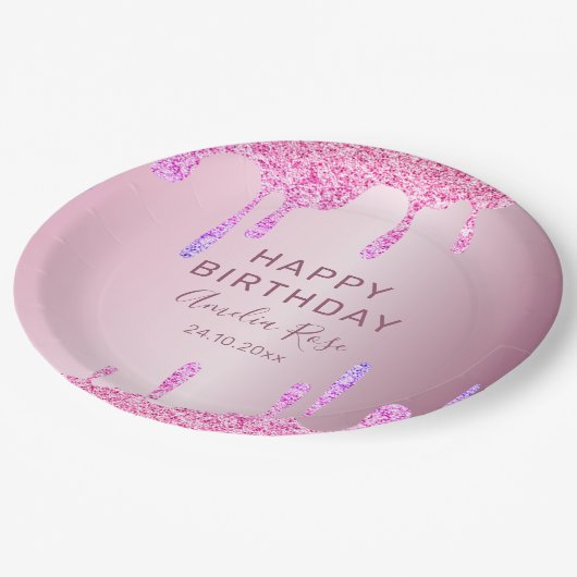 Happy Birthday Glitter Druppelt Roze Metallic Papieren Bordje (Gekanteld)