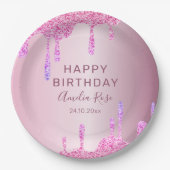 Happy Birthday Glitter Druppelt Roze Metallic Papieren Bordje (Voorkant)