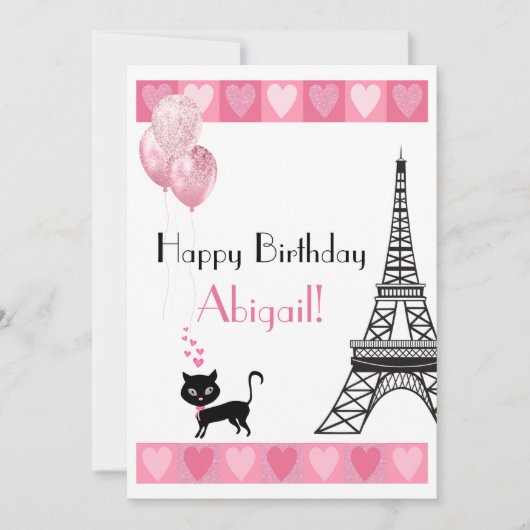 Happy Birthday Glitter Pink Heart Eiffel Tower Cat (Voorkant)
