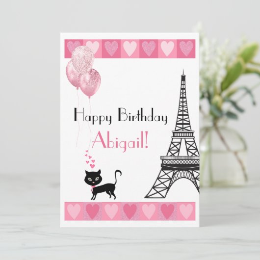 Happy Birthday Glitter Pink Heart Eiffel Tower Cat (Staand voorkant)