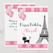 Happy Birthday Glitter Pink Heart Eiffel Tower Cat (Voorkant / Achterkant)