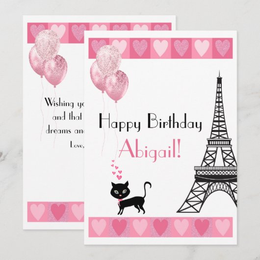 Happy Birthday Glitter Pink Heart Eiffel Tower Cat (Voorkant / Achterkant)