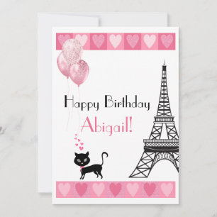 Happy Birthday Glitter Pink Heart Eiffel Tower Cat