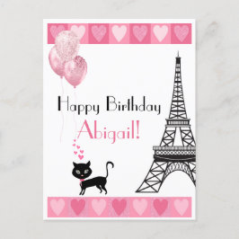 Happy Birthday Glitter Pink Heart Eiffel Tower Cat Briefkaart