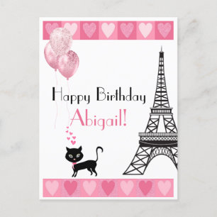 Happy Birthday Glitter Pink Heart Eiffel Tower Cat Briefkaart