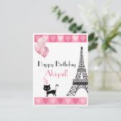 Happy Birthday Glitter Pink Heart Eiffel Tower Cat Briefkaart (Staand voorkant)