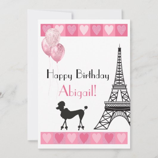 Happy Birthday Glitter Pink Heart Eiffel Tower Dog (Voorkant)