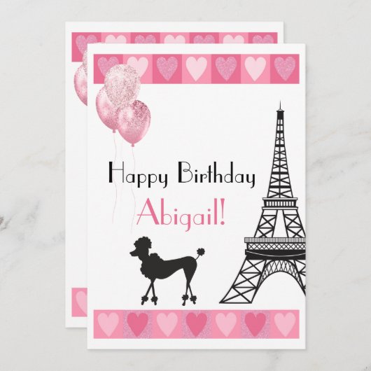 Happy Birthday Glitter Pink Heart Eiffel Tower Dog (Voorkant / Achterkant)