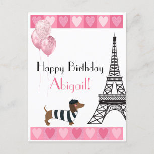 Happy Birthday Glitter Pink Heart Eiffel Tower Dog Briefkaart