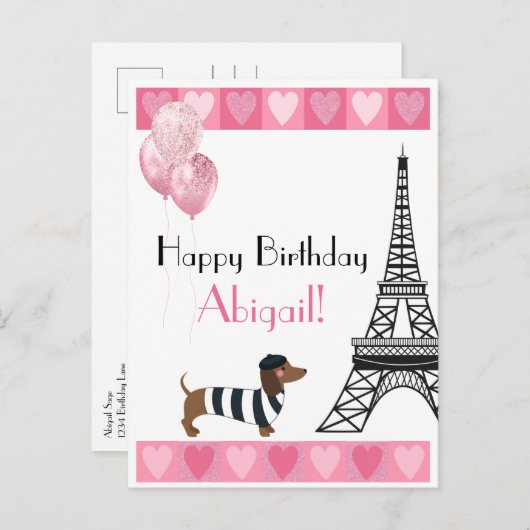 Happy Birthday Glitter Pink Heart Eiffel Tower Dog Briefkaart (Voorkant / Achterkant)