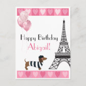Happy Birthday Glitter Pink Heart Eiffel Tower Dog Briefkaart (Voorkant)
