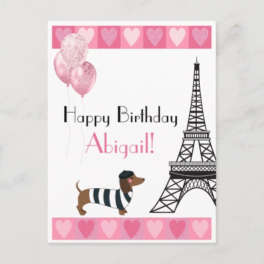 Happy Birthday Glitter Pink Heart Eiffel Tower Dog Briefkaart (Voorkant)