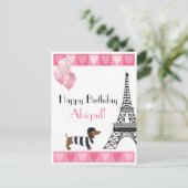 Happy Birthday Glitter Pink Heart Eiffel Tower Dog Briefkaart (Staand voorkant)