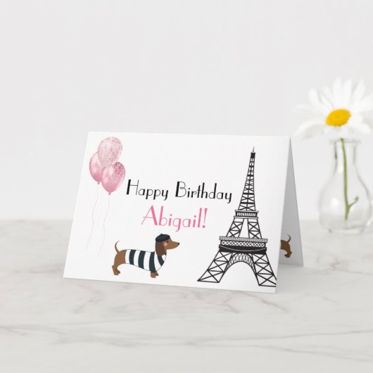 Happy Birthday Glitter Pink Heart Eiffel Tower Dog Kaart (Kleine Plant)