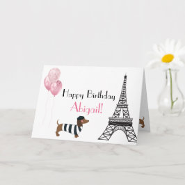 Happy Birthday Glitter Pink Heart Eiffel Tower Dog Kaart