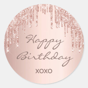 Happy Birthday glitter roos Gold roze glans Ronde Sticker