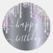 Happy Birthday glitter Silver paarse glans Ronde Sticker (Voorkant)