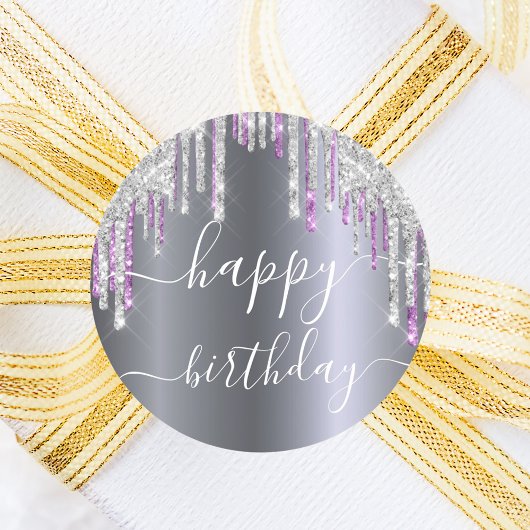 Happy Birthday glitter Silver paarse glans Ronde Sticker