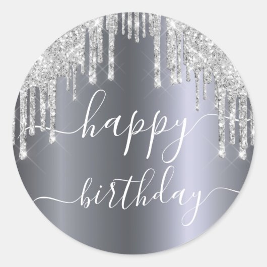 Happy Birthday glitter zilverglans Ronde Sticker (Voorkant)