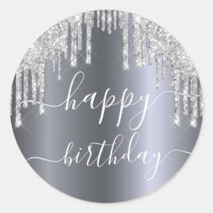 Happy Birthday glitter zilverglans Ronde Sticker