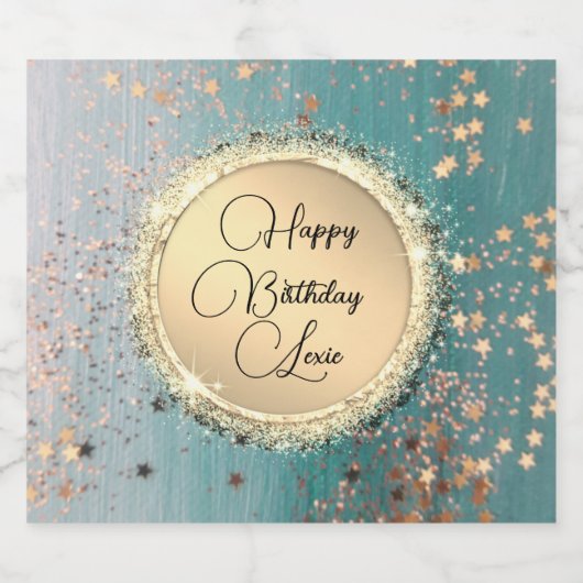 Happy Birthday Glittery Stardust op Blue Blauwgroe Likeurfles Etiket (Enkel label)