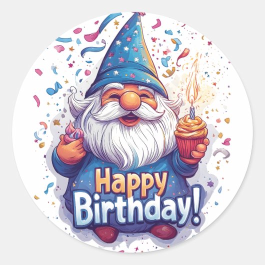 Happy Birthday Gnome: grillig verjaardagsontwerp Ronde Sticker (Voorkant)