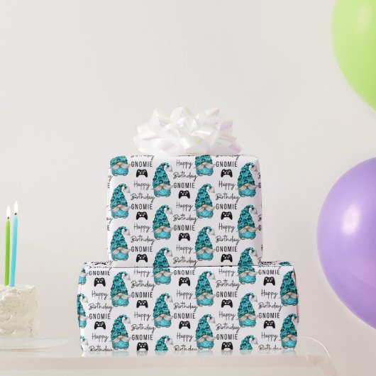 Happy Birthday Gnomie Gamer Wrapping Paper Cadeaupapier (Feestgeschenken)