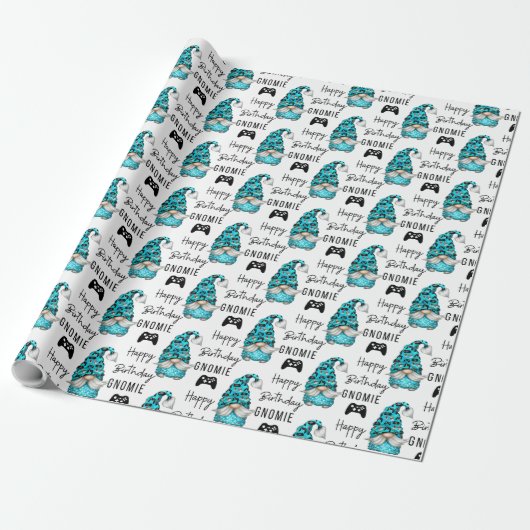 Happy Birthday Gnomie Gamer Wrapping Paper Cadeaupapier (Uitgerold)