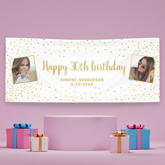 Happy Birthday Gold Glitter 2 Foto's Any Age Banne Spandoek