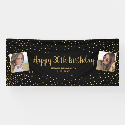 Happy Birthday Gold Glitter 2 foto's op elke leeft Spandoek (Horizontaal)