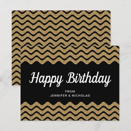 Happy Birthday Gold Glitter Black Chevron Stripes Briefkaart (Voorkant / Achterkant)