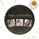 Happy Birthday Gold Glitter-foto's elk jaar aangep Papieren Bordje<br><div class="desc">Viel een grote verjaardag met deze leuke papieren borden met 3 foto's van het verjaardagsmeisje/jongen,  2 koppen voor aangepaste tekst,  allemaal geplaatst tegen een zwarte achtergrond geaccentueerd met faux gold glitter confetti sparkles. Fun en feestelijk - perfect voor elke verjaardagsfeestdag.</div>