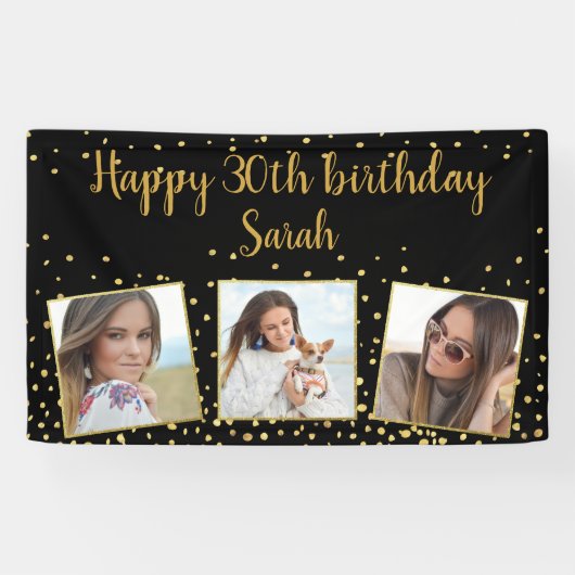 Happy Birthday Gold Glitter-foto's elk jaar aangep Spandoek (Horizontaal)