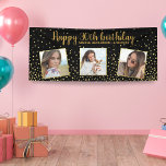 Happy Birthday Gold Glitter-foto's elk jaar aangep Spandoek<br><div class="desc">Viel een grote verjaardag met deze banner met 3 foto's van het verjaardagsmeisje/jongen,  2 koppen op aangepaste tekst,  allemaal geplaatst tegen een zwarte achtergrond geaccentueerd met faux gold glitter confetti sparkles. Fun en feestelijk perfect voor elke verjaardagsfeestdag.</div>