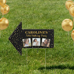 Happy Birthday Gold Glitter Photos Direction Arrow Tuinbord<br><div class="desc">Een superleuk dubbelzijdig verjaardagsteken in de vorm van een pijl voor het sturen van mensen naar je feestje - of gebruik als wanddecoratie. Het ontwerp bevat 3 foto's en uw aangepaste tekst die wordt geaccentueerd door faux Gold glitter confetti die tegen een zwarte achtergrond is geplaatst. Fun en feestelijk perfect...</div>