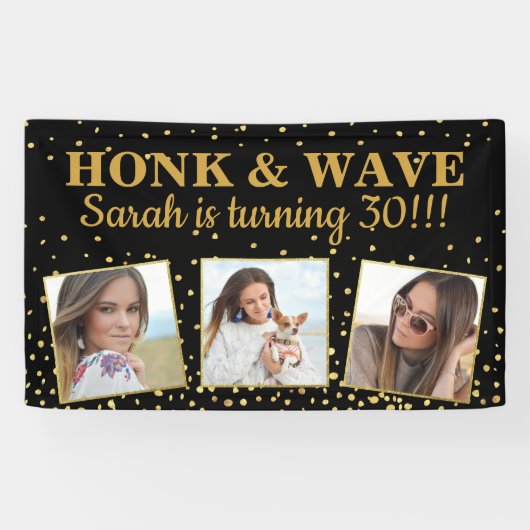 Happy Birthday Gold Glitter Photos Honk & Wave Spandoek (Horizontaal)