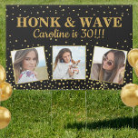 Happy Birthday Gold Glitter Photos Honk & Wave Tuinbord<br><div class="desc">Laat iedereen die rijdt of voorbij loopt weten dat er een speciale verjaardagspersoon in je huis is. Op dit bordje met twee zijden staan drie foto's van het verjaardagsmeisje/jongen en de naam van het verjaardagsmeisje, allemaal geplaatst tegen een zwarte achtergrond geaccentueerd met faux gold glitter confetti sparkles. Fun en feestelijk...</div>