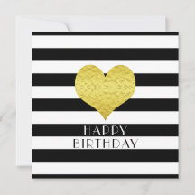 Happy Birthday Gold Heart Black White Stripes