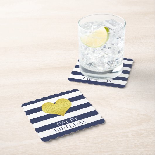 Happy Birthday Gold Heart Blue White Stripes Kartonnen Onderzetters (Insitu)