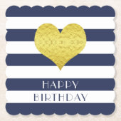 Happy Birthday Gold Heart Blue White Stripes Kartonnen Onderzetters (Voorkant)