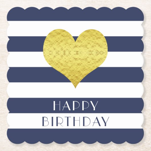 Happy Birthday Gold Heart Blue White Stripes Kartonnen Onderzetters (Voorkant)