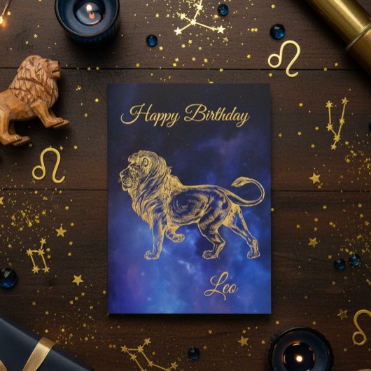 Happy Birthday Gold Leo Zodiac Horoscope Nebula Kaart